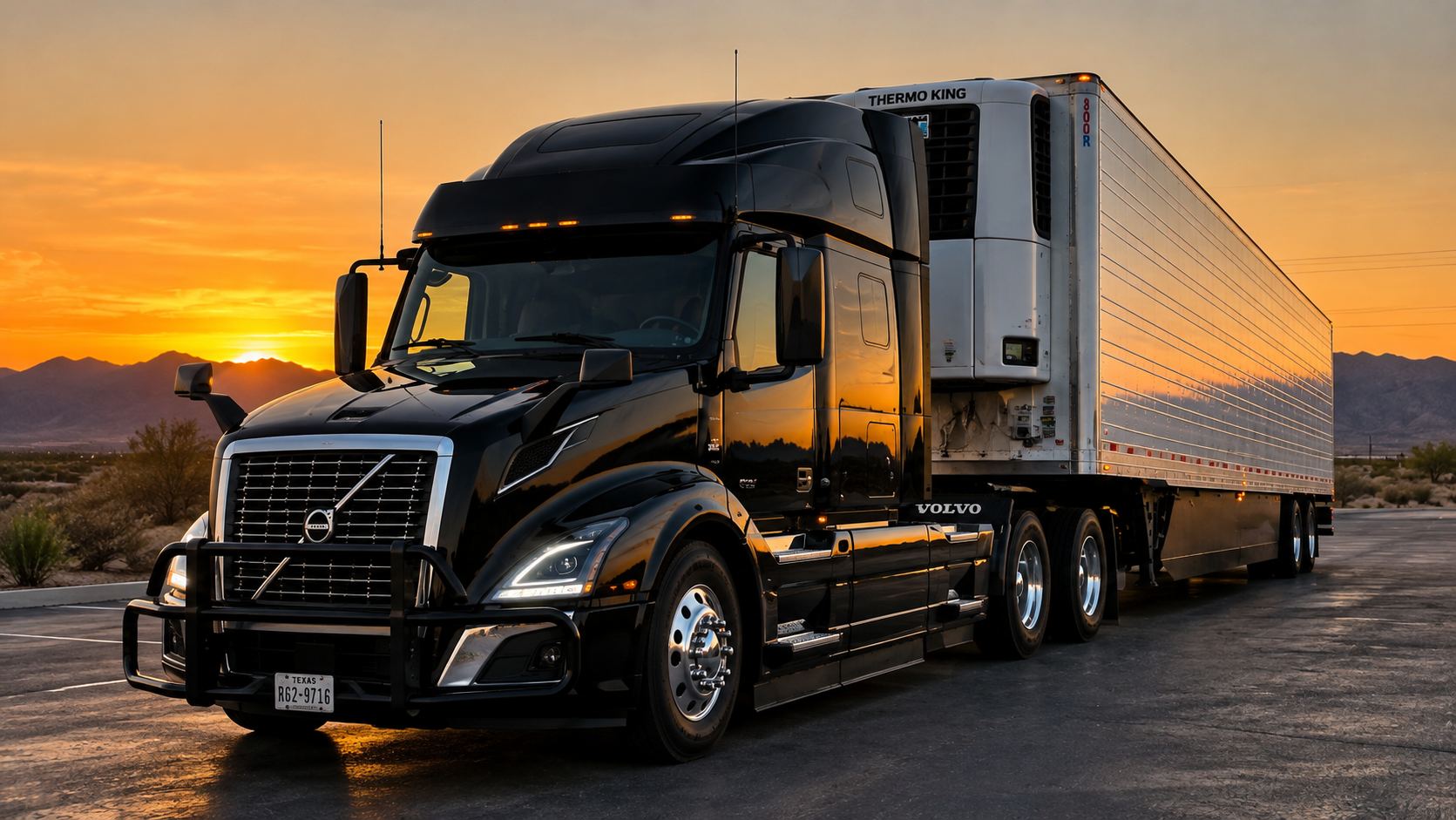Black semi-truck pulling a refrigerated trailer, parked against a desert landscape at sunset